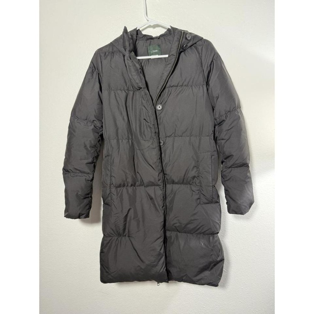 J. Crew Long Down Puffer Coat Womens XS Black‎ Removable Hood Preppy Full ZIp